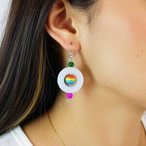 Rainbow Colors Gay Pride LGBTQ earrings with glass & shell beads NWT (WJW024)